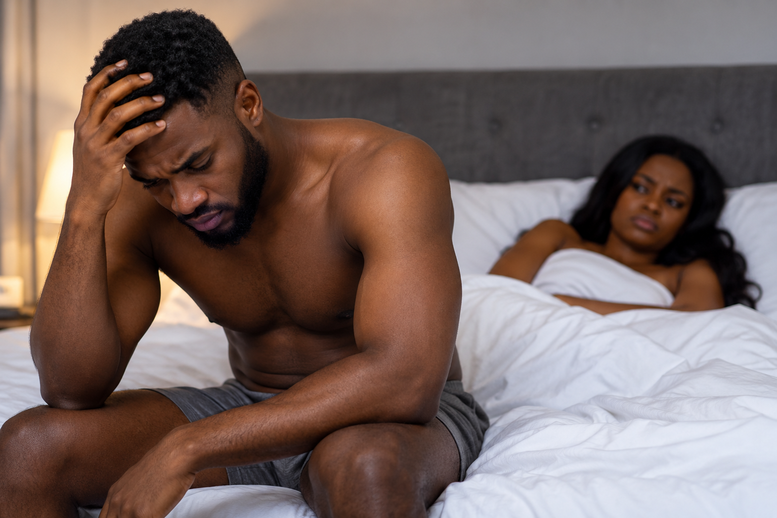 Man sitting on a bed feeling frustrated about his sexual confidence